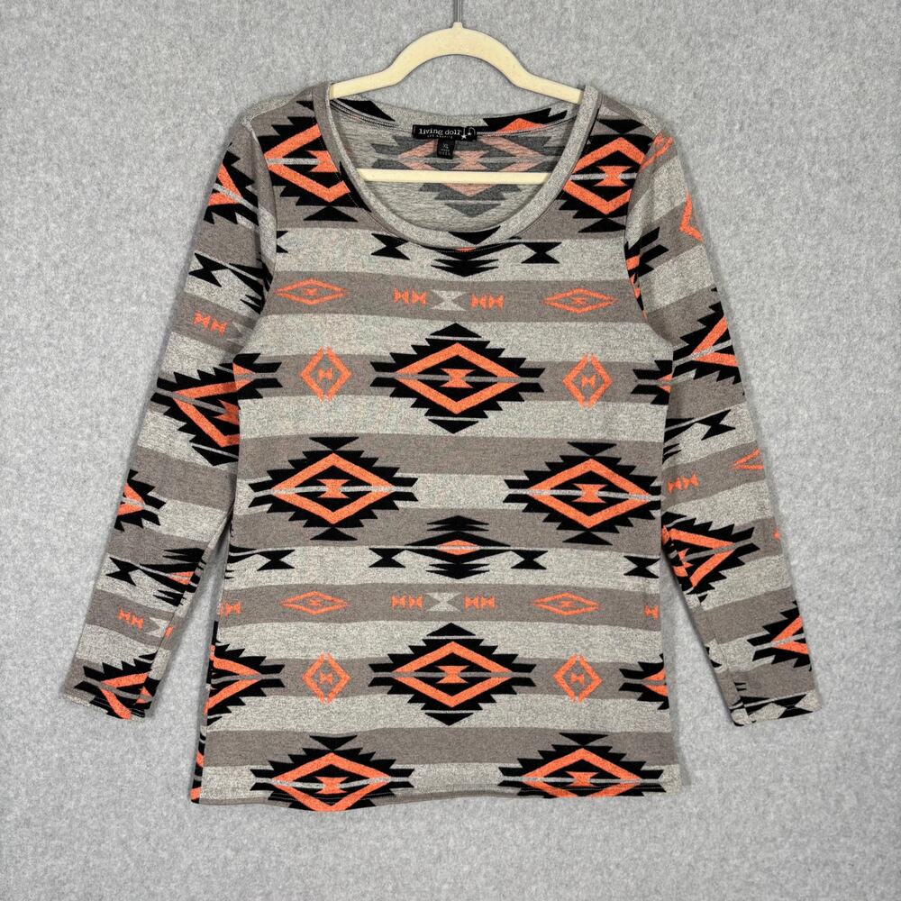 Living Doll Sweater Womens XL Tan Gray Aztec Southwestern Tribal Tunic‎ Thin